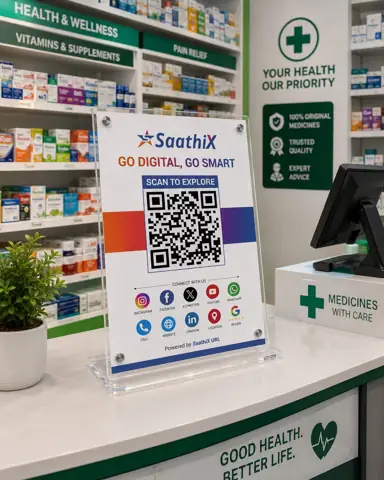 SaathiX QR stand at a pharmacy